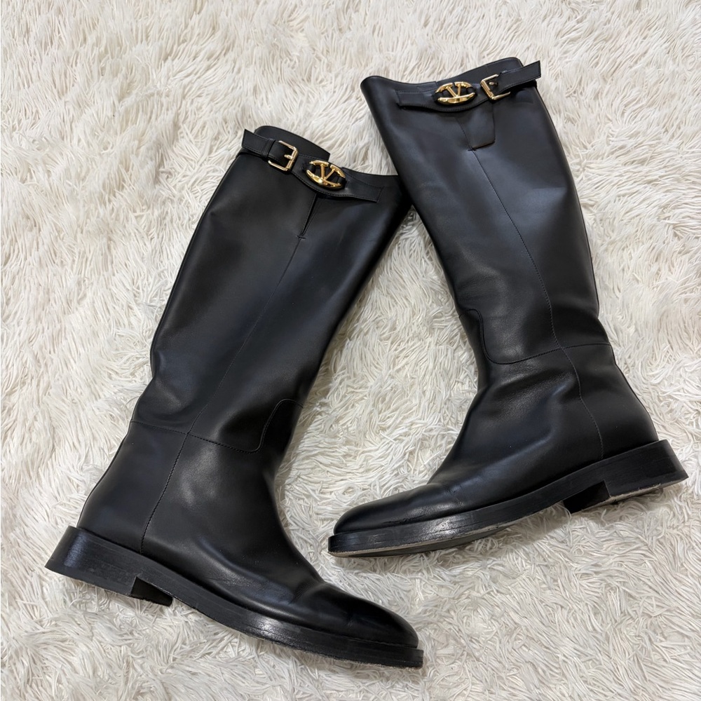 Valentino Garavani VLOGO V Logo Bold Leather Knee High Riding Boots- 40 US 9.5